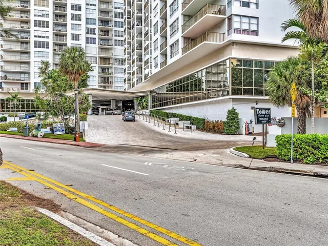 front view of a building with a street