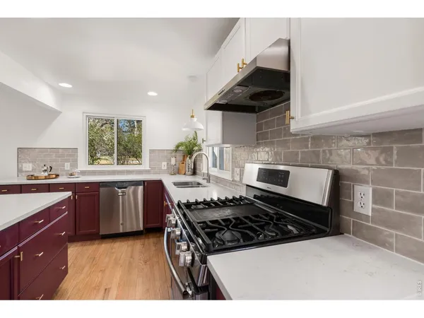 a kitchen with a stove and a microwave