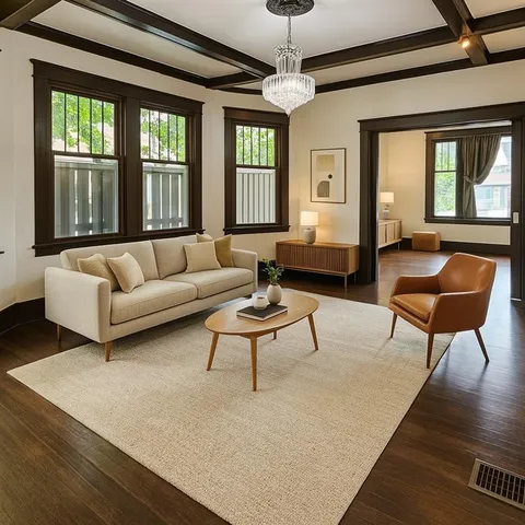 a view of wooden floor and windows in a room