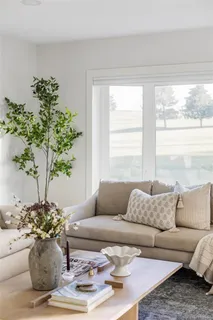 a living room with furniture and a potted plant