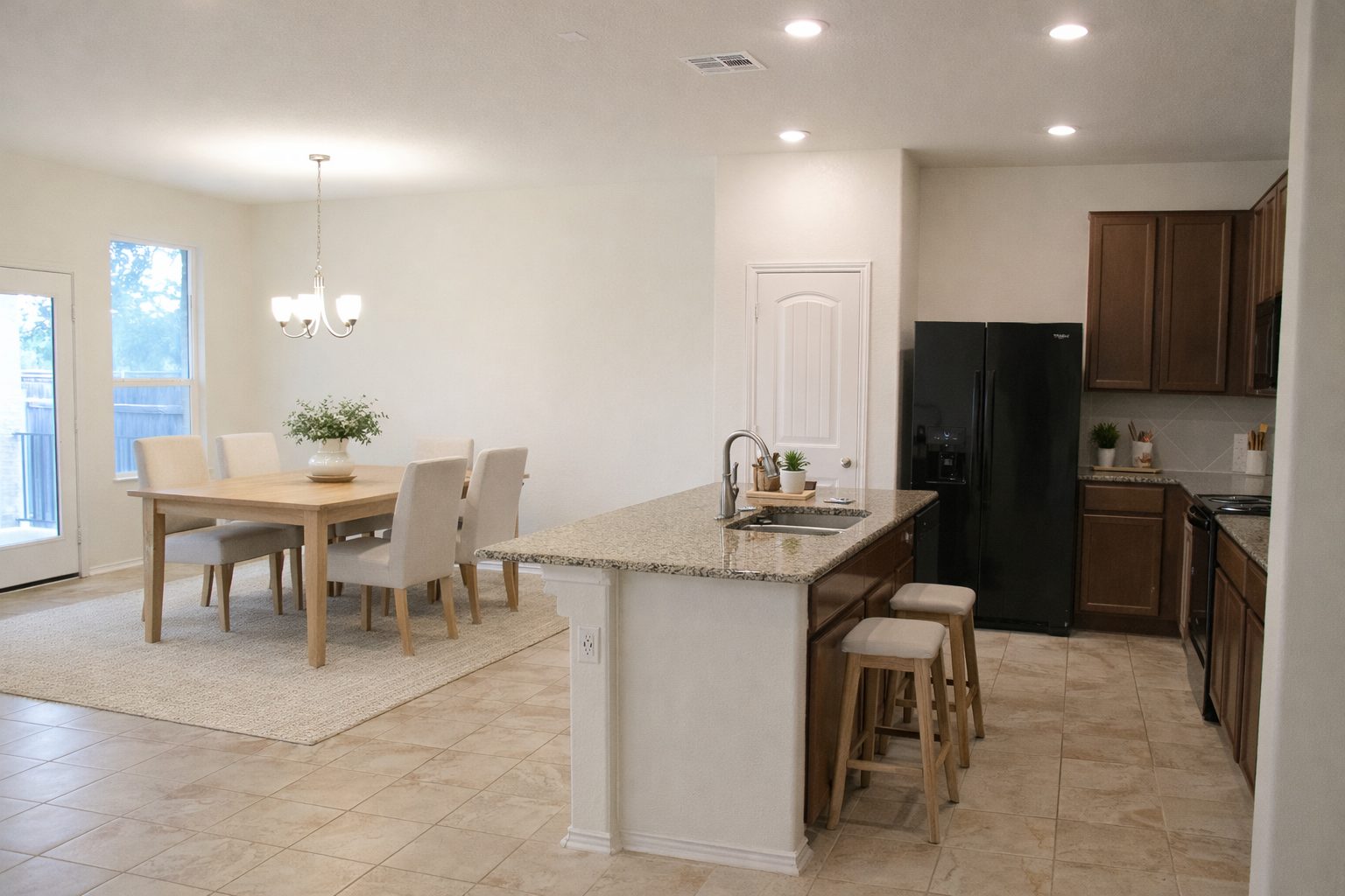 7820 Big Wind Way Austin, TX 78724 - Photo 7 of 37 a kitchen with a dining table chairs and refrigerator