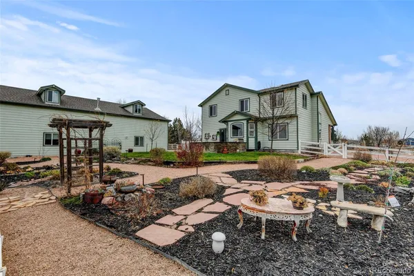 an aerial view of a house with a garden