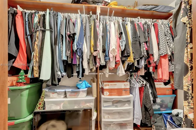 a view of walk in closet with clothes and shoes
