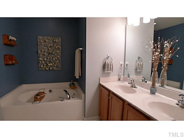 1635 Snow Mass Way Durham, NC 27713 - Photo 10 of 25 a bathroom with a sink a mirror and a bathtub