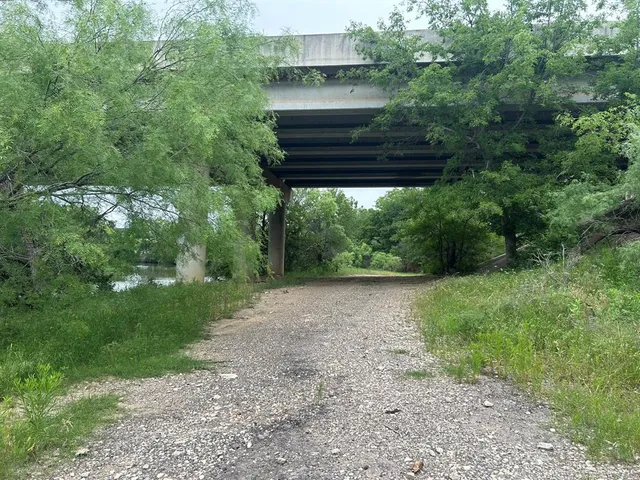 a view of a lake with a yard and large trees