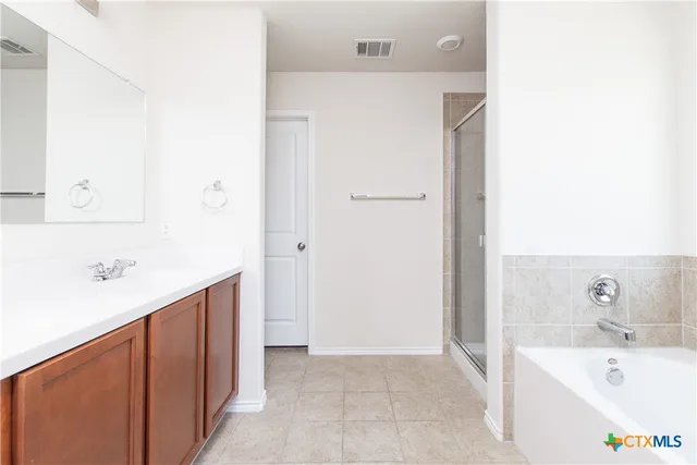 a bathroom with a bathtub a sink and a mirror
