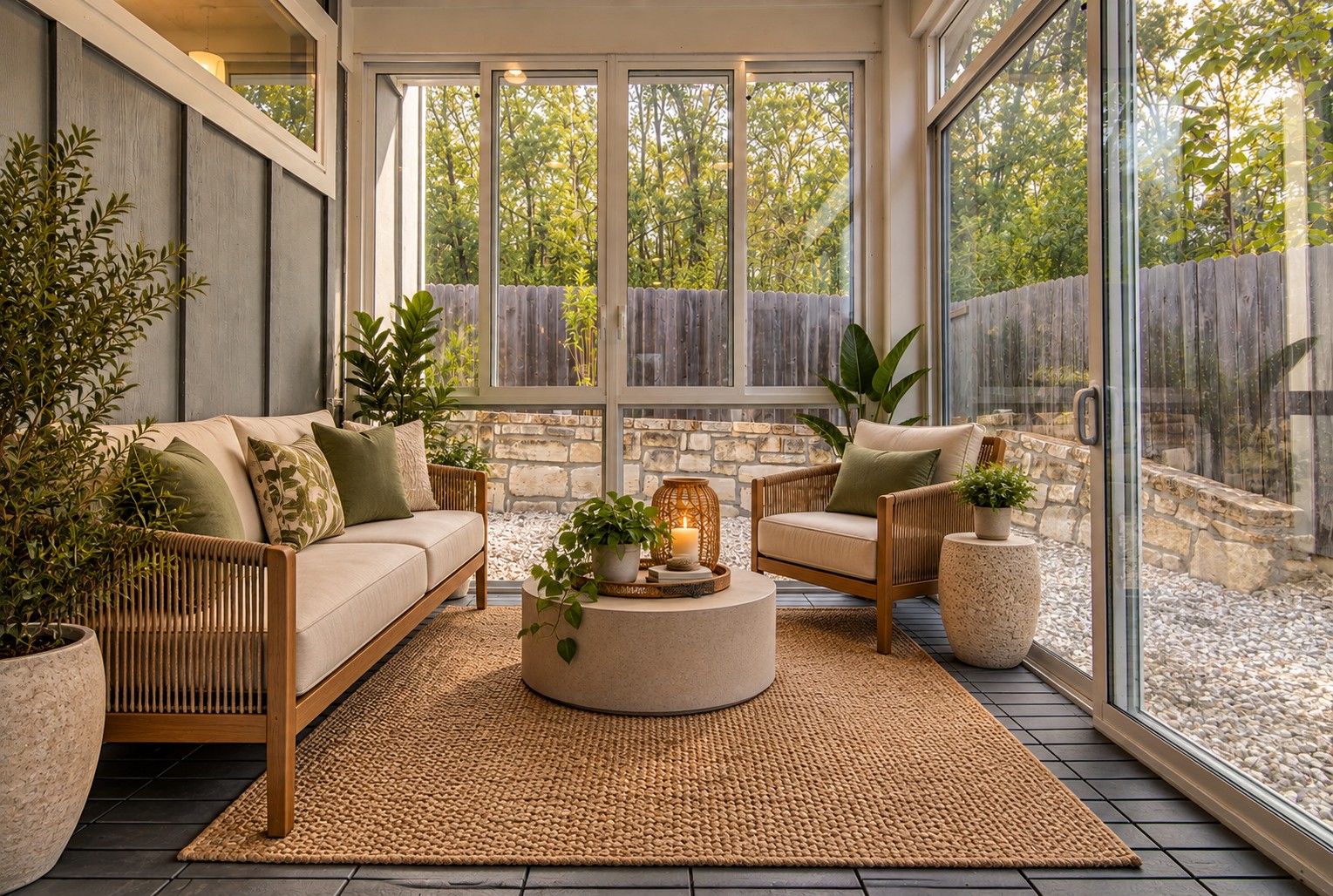 1904 Bunche Road, Unit B Austin, TX 78721 - Photo 23 of 29 *Virtually staged* Enclosed porch with floor-to-ceiling windows, a glass sliding door, and a comfortable space for relaxing or entertaining.