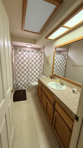 a bathroom with a sink a toilet and shower