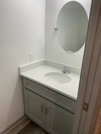 a bathroom with a sink and a mirror