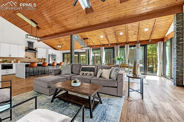 a living room with furniture a fireplace and a floor to ceiling window