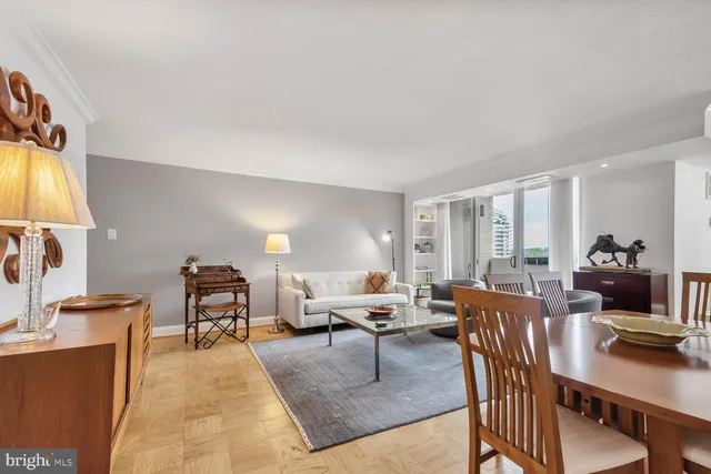 a view of a dining room with furniture