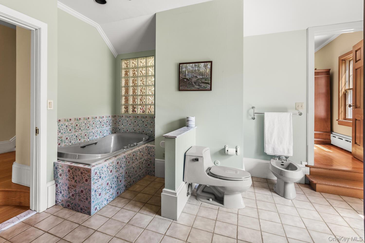 81 Glendale Road Ossining, NY 10562 - Photo 18 of 37 Full bathroom featuring Jacuzzi bath, a bidet, light tile patterned flooring, and a baseboard heating