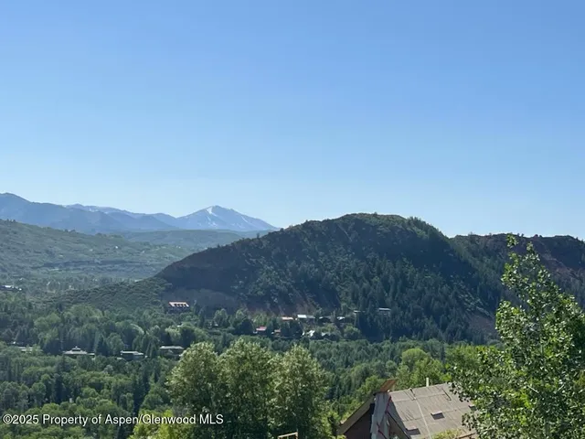 a view of a forest with mountains in the background