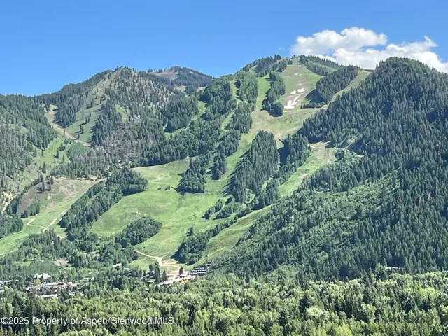 a view of a big yard with mountains in the background