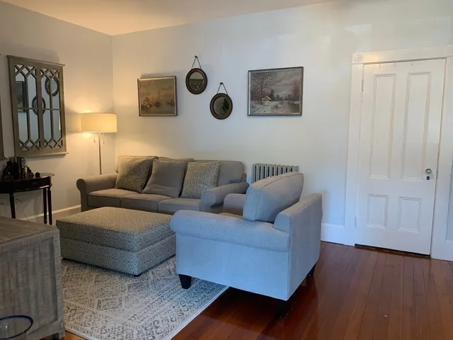 a living room with furniture and a lamp with wooden floor