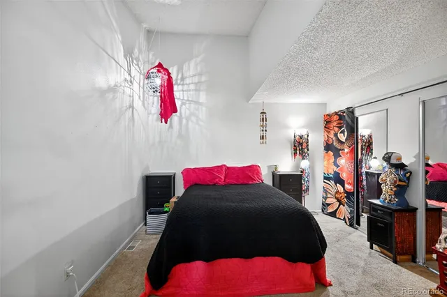 a bedroom with a bed and a closet