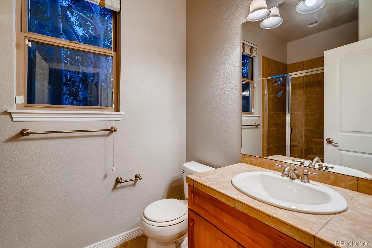 1644 Ridge Trail Lane Castle Rock, CO 80104 - Photo 17 of 38 a bathroom with a granite countertop toilet sink and mirror