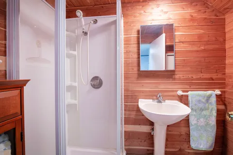 a bathroom with a sink shower