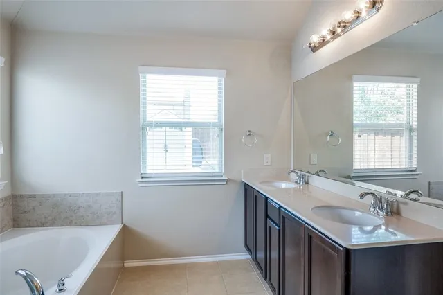 a bathroom with a tub sink and mirror