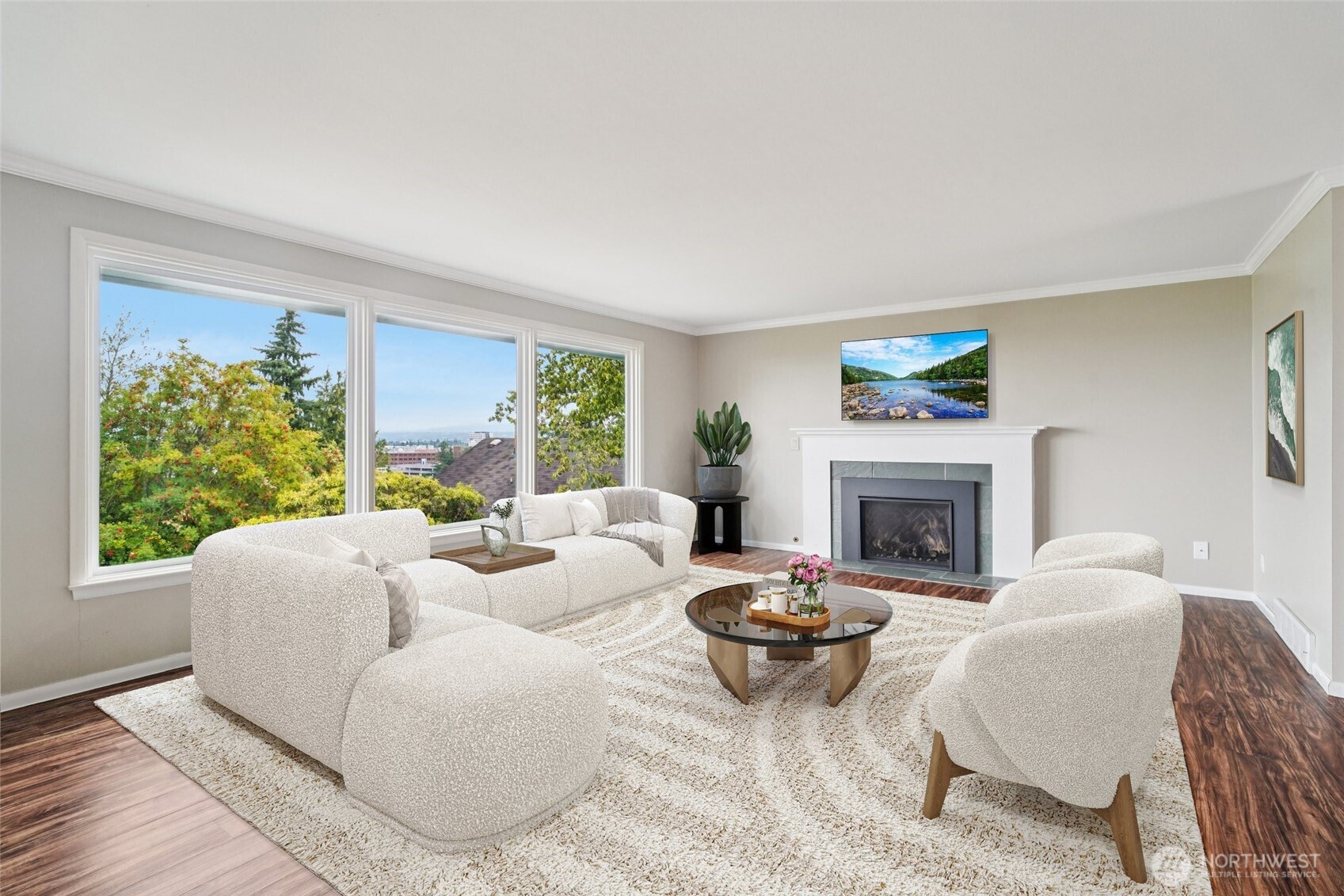 715 35th Street Everett, WA 98201 - Photo 6 of 36 a living room with furniture large window and a fireplace