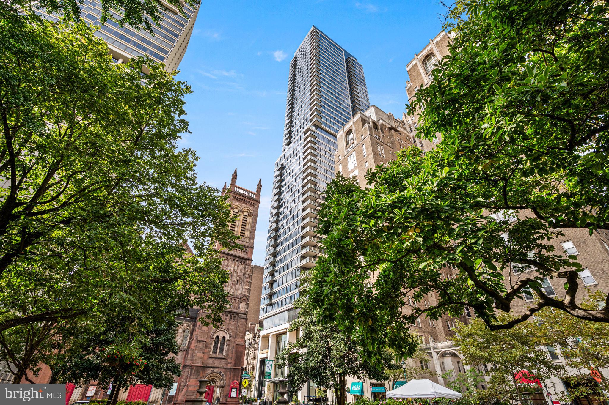 a city view with tall buildings