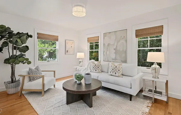a living room with furniture and a potted plant