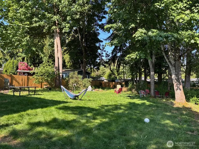 a view of a park with large trees