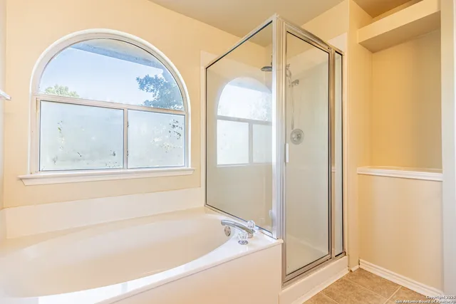 a bathroom with a bathtub and a shower