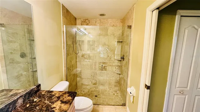 a bathroom with a shower and a toilet