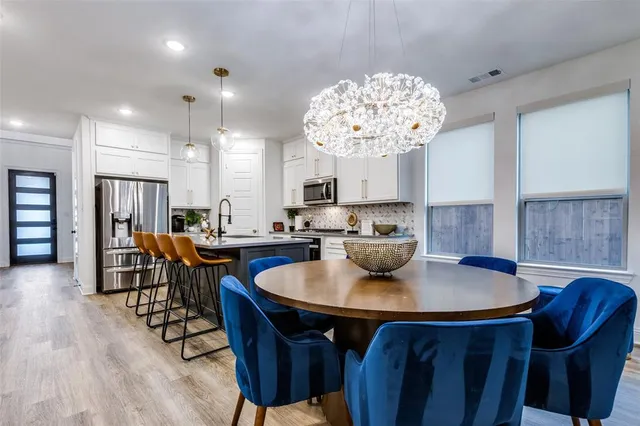 a kitchen with a dining table chairs and kitchen view