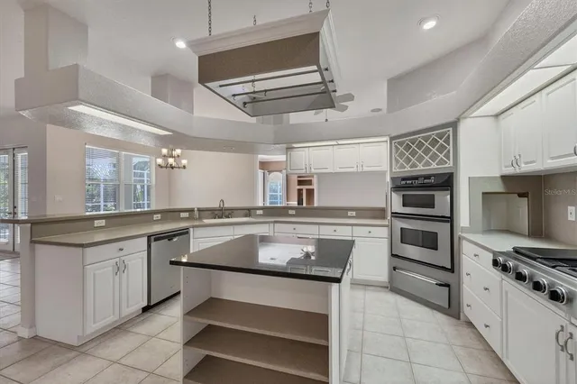 a kitchen with a sink dishwasher a stove with cabinets and potted plant