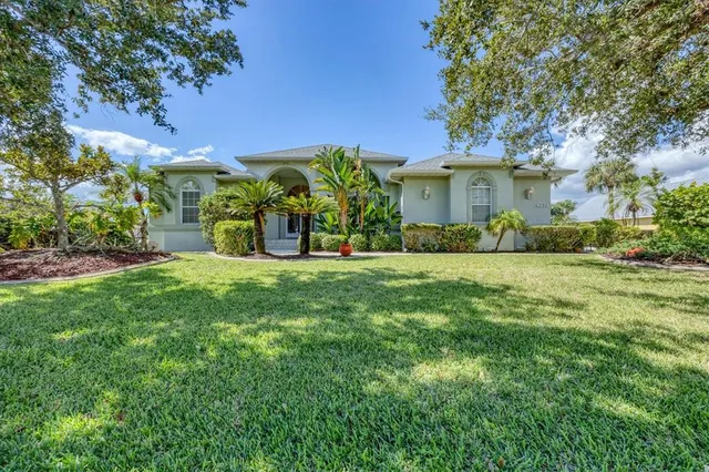 a backyard of a house with plants and tree