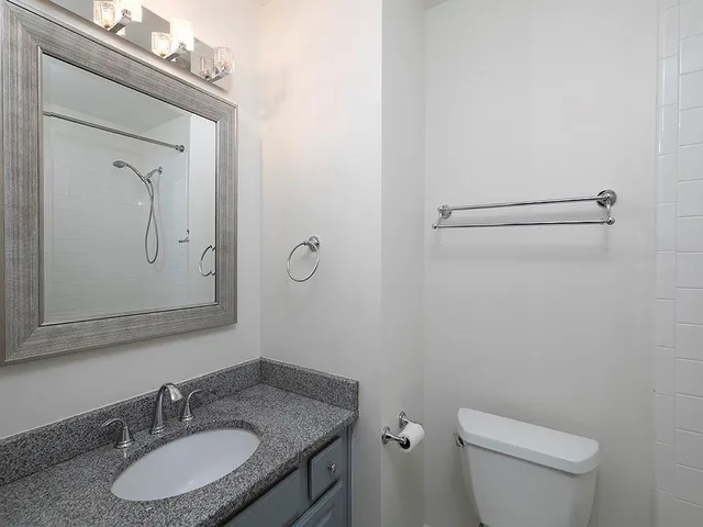 a bathroom with a granite countertop toilet a sink and mirror