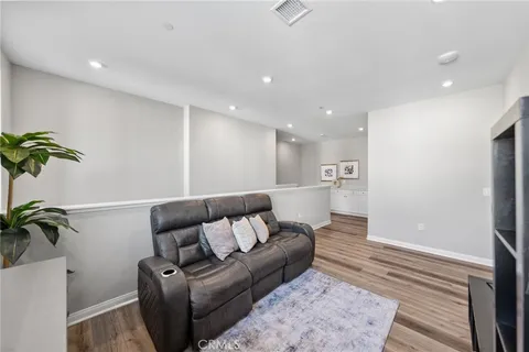 a living room with furniture and a potted plant
