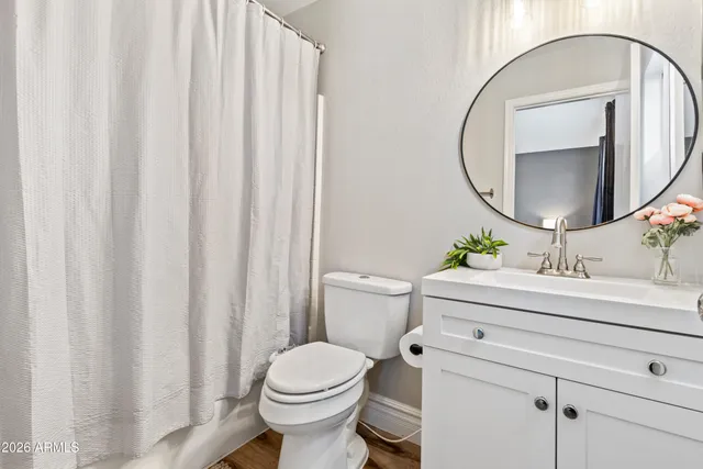 a bathroom with a sink mirror vanity and toilet