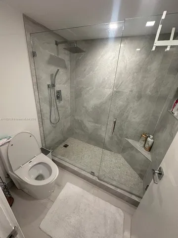 a bathroom with a shower and a toilet