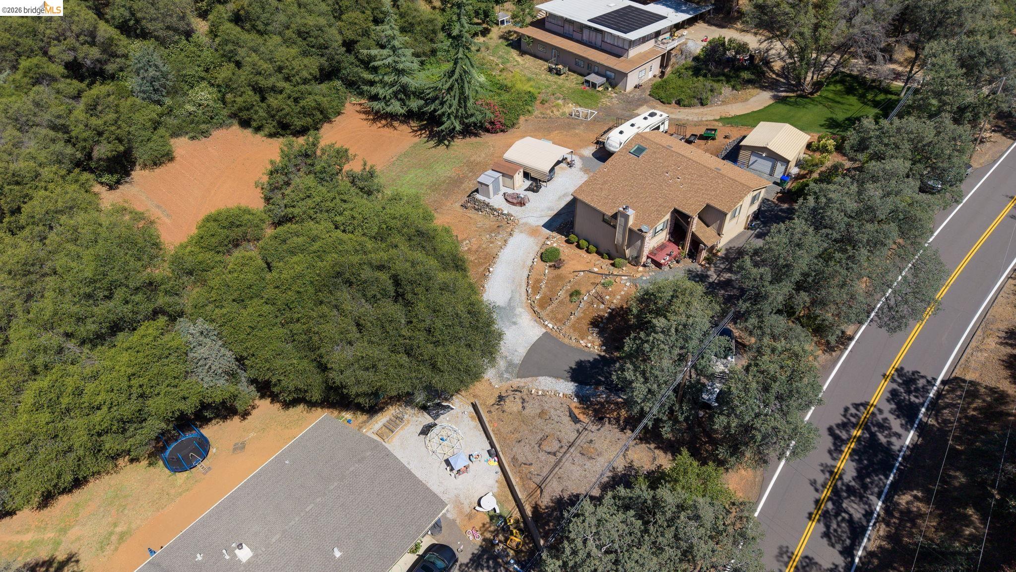 11858 Campo Seco Road Sonora, CA 95370 - Photo 44 of 45 Property featuring a visible driveway, a detached garage, and a lush surrounding landscape with mature trees