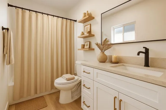 a bathroom with a sink a toilet and a mirror