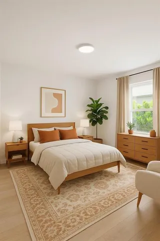 a bedroom with a large bed and a couch