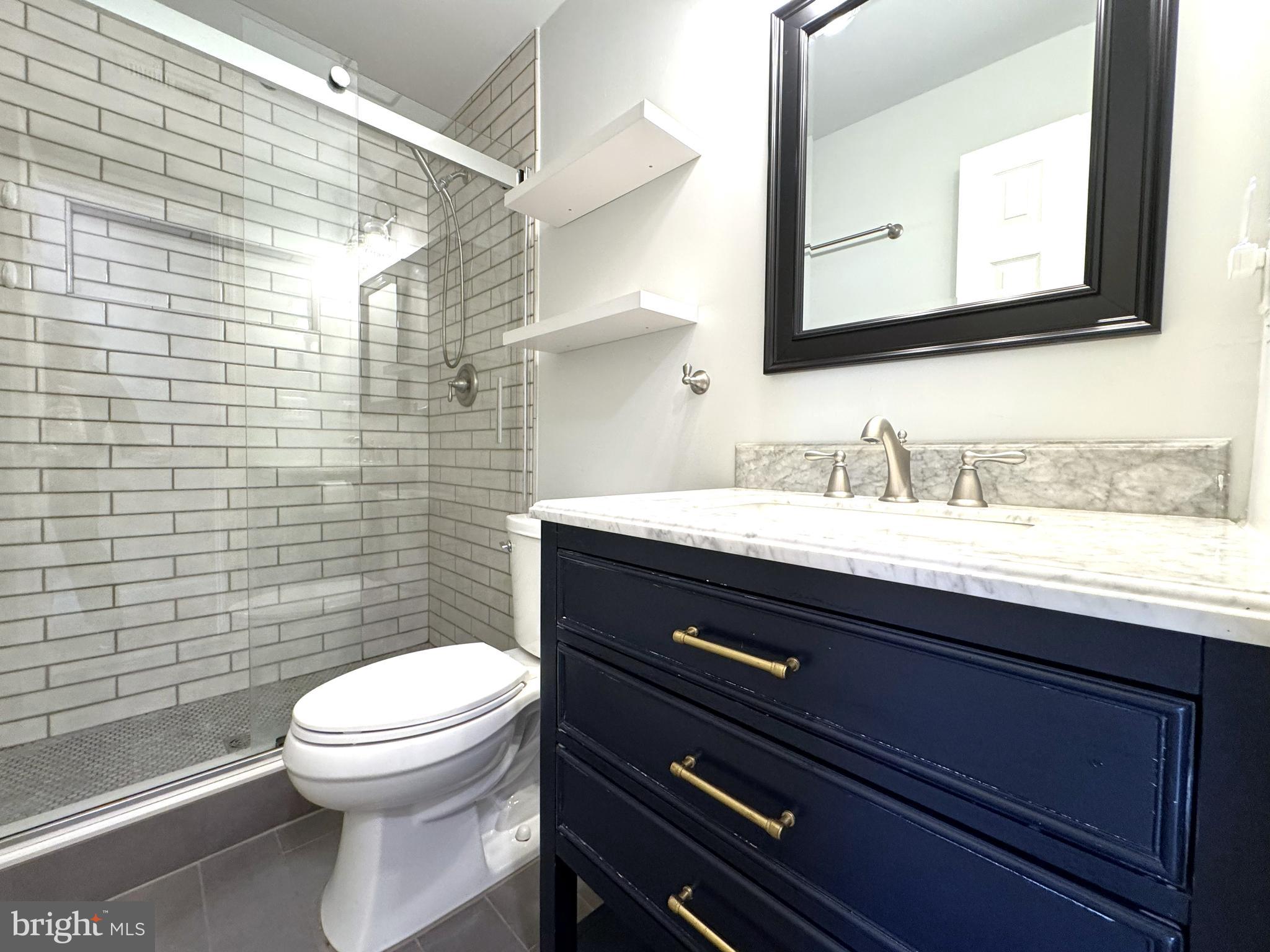 12012 Golf Ridge Court, Unit 102 Fairfax, VA 22033 - Photo 16 of 26 a bathroom with a sink a toilet a mirror and shower