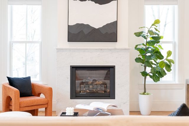 a living room with furniture and a potted plant