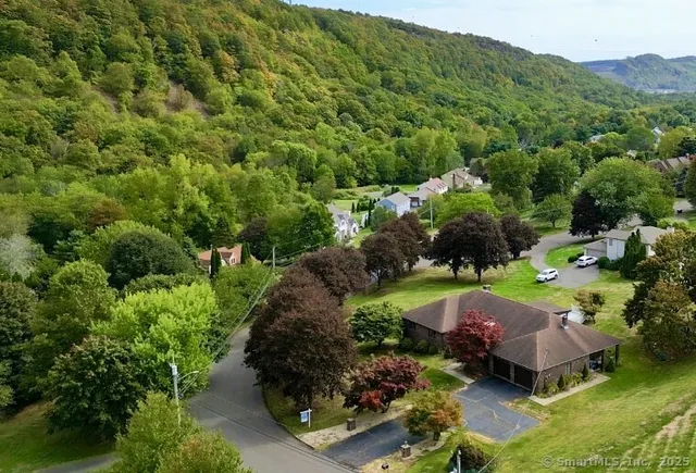 an aerial view of a house with a garden