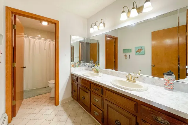 a bathroom with a double vanity sink a mirror and a shower