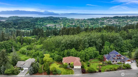 an aerial view of a house with a yard and large tree