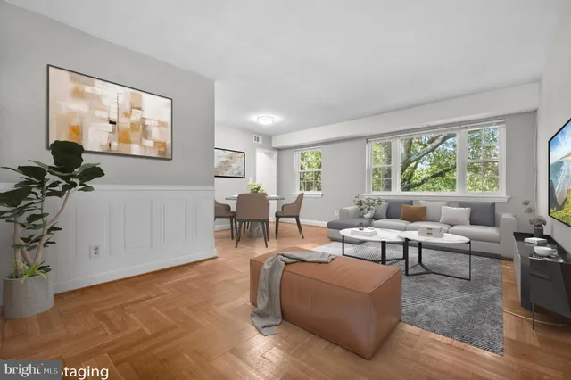 a living room with furniture and a potted plant