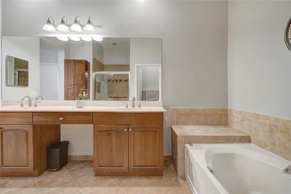 a bathroom with a sink tub double vanity and a mirror