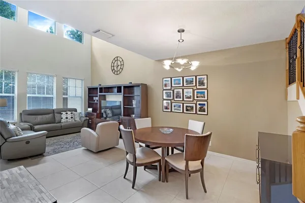 a view of a dining room with furniture window and outside view