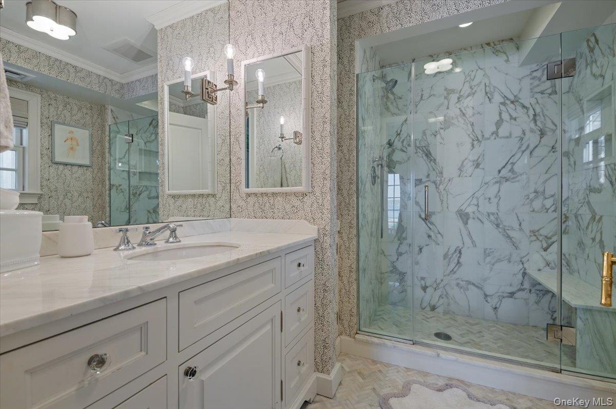 516 Centre Island Road Centre Island, NY 11771 - Photo 31 of 41 a bathroom with a granite countertop sink mirror and shower