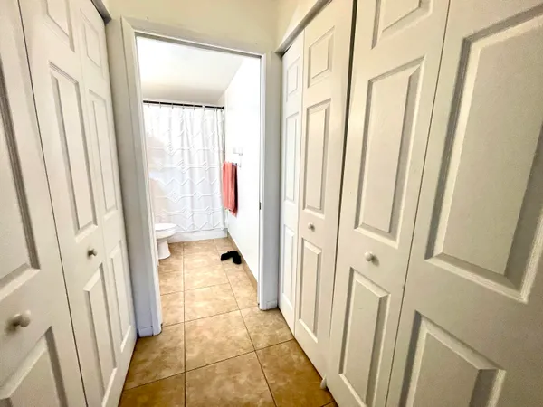 a view of a bathroom with a tub