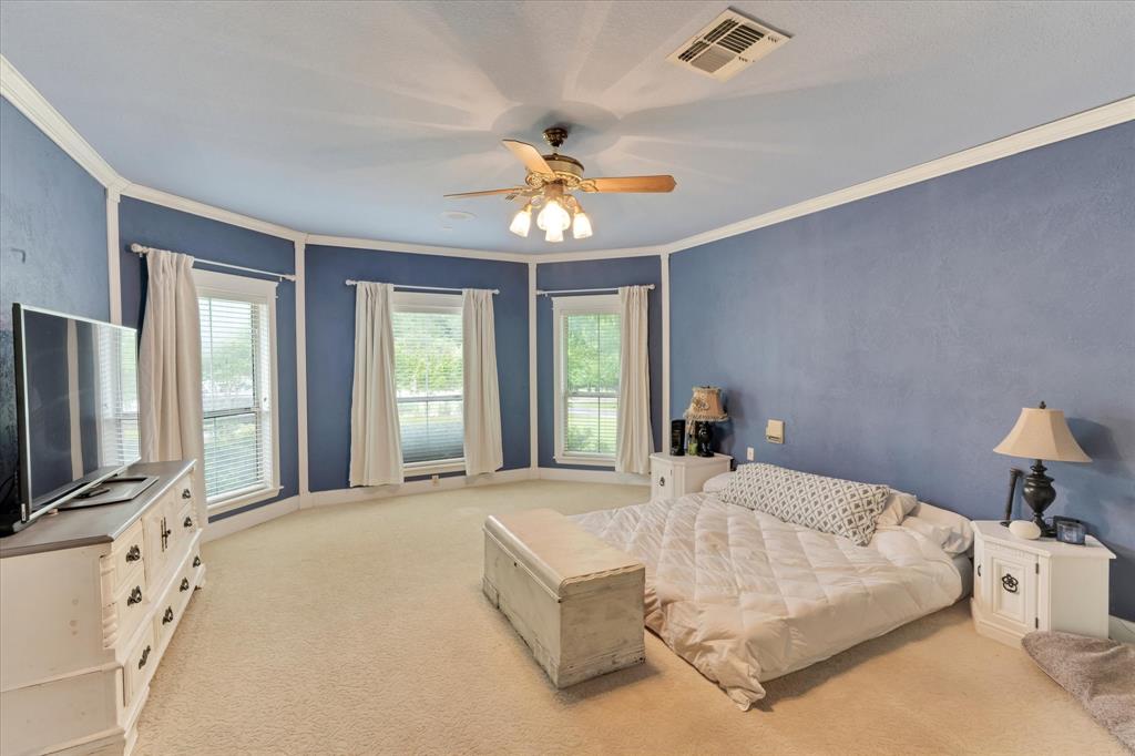 2717 Clear Lake Road Weatherford, TX 76087 - Photo 17 of 40 Spacious room featuring multiple windows, crown molding, a ceiling fan with integrated lighting, and neutral-toned carpeting. Primary bedroom